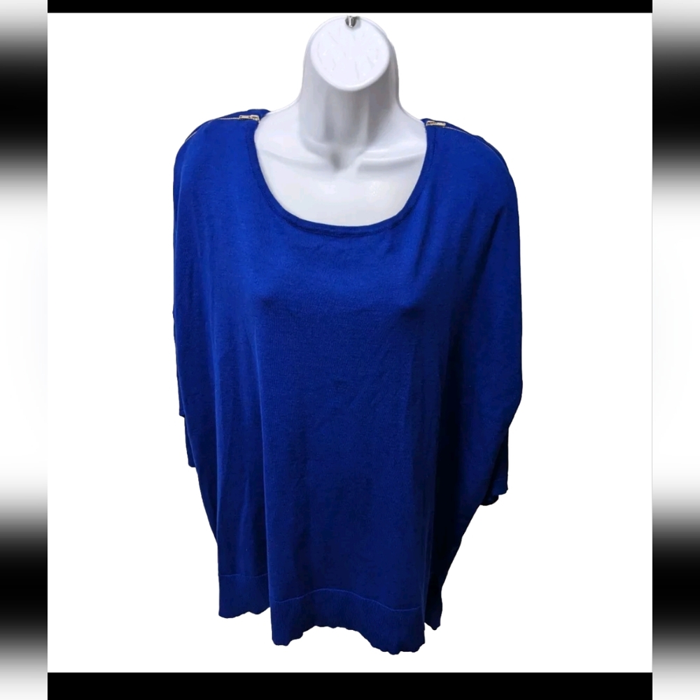 NWT Roz & Ali Pullover Sweater 3X Zip collar Blue Wide Dolman Sleeve Modern Boho